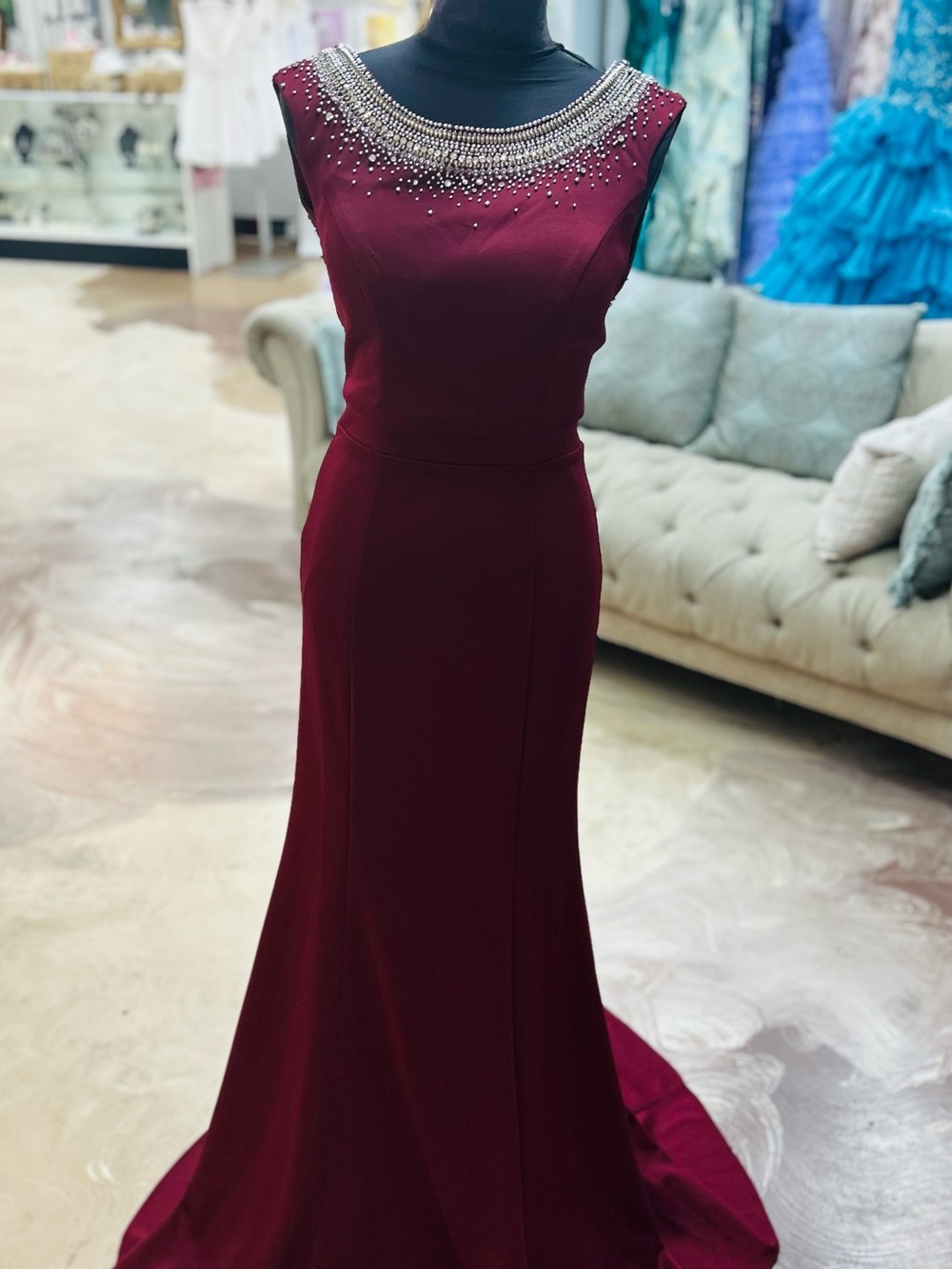 Beaded Illusion Neck Burgundy Prom Gown